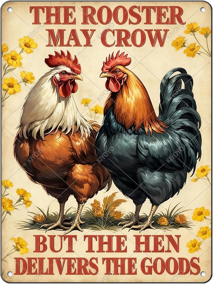 Funny Rooster Signs The Rooster May Crow But The Hen Delivers The Goods Rustic Tin Sign for Home Farm Chicken Coop Decor 16x12 Inch