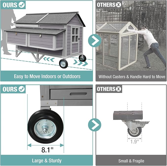 Chicken Coop with Strong Iron Frame, 68.1" L Large Wooden Poultry Cage with 8.1" Big Wheels, Outdoor Chicken House with Two Nesting Boxes for 6 Chickens