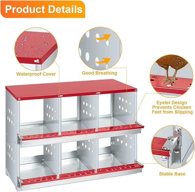 6-Compartment Chicken Nesting Box with Roll-Away Egg Collection - Metal Laying Box for Hens and Ducks, Features Pull-Out Tray & Swing Perch, Wall Mount Design for Coops