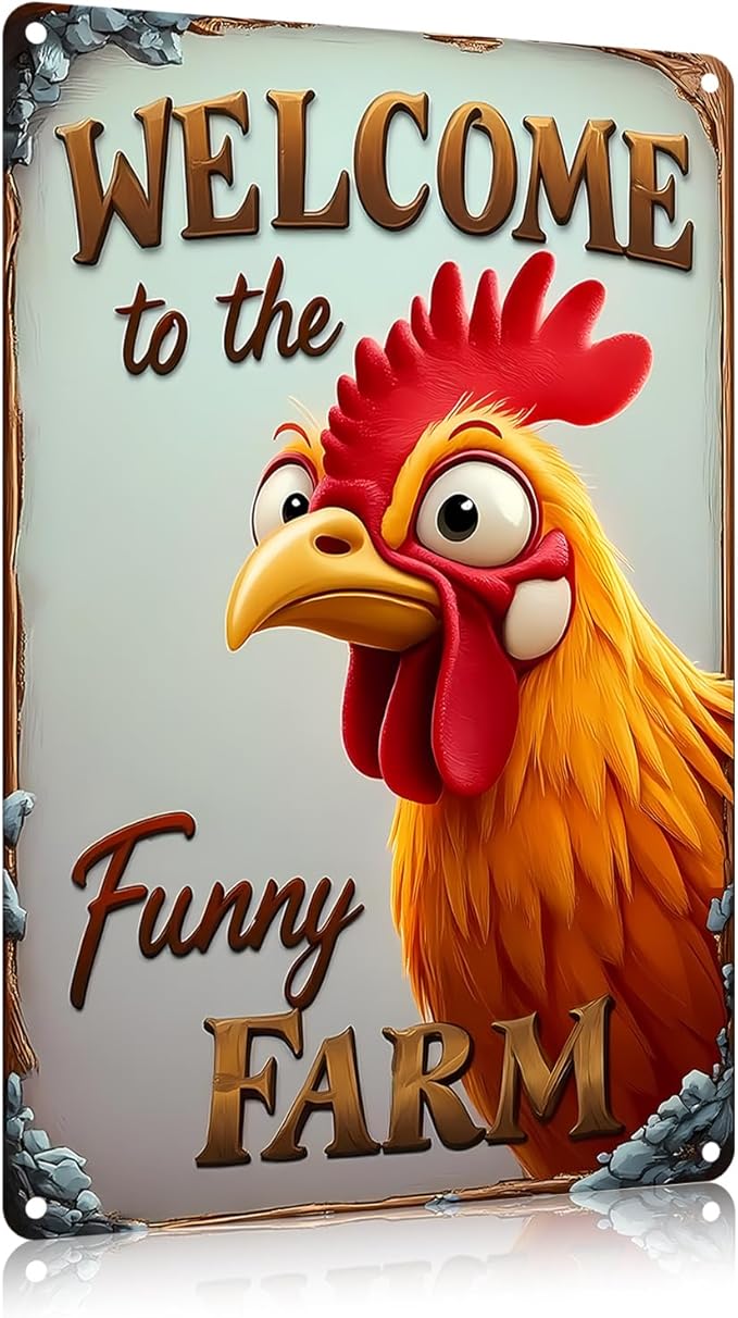 FunnySign Chicken Gifts Rooster Décor Welcome To The Funny Farm Rustic Tin Sign For Home Farm Chicken Coop Decor 8x12 Inch (9708)