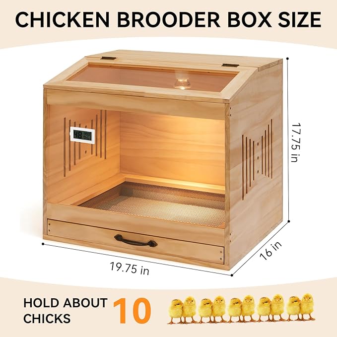Brooder Box for Chicks with Heat Lamp Kit & Thermometer - Wooden Chicken Brooder for 12 Chicks Indoor/Outdoor - Baby Chicken Cage for Ducks, Quails, Hamsters, Lizards