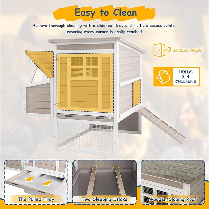Outdoor Chicken Coop for 2–4 Chickens, Elevated 2-Tier Hen House with 3-Compartment Nesting Box, Slide-Out Tray, Reinforced L-Shaped Frame, Expandable Run Connection, Backyard Poultry Coop