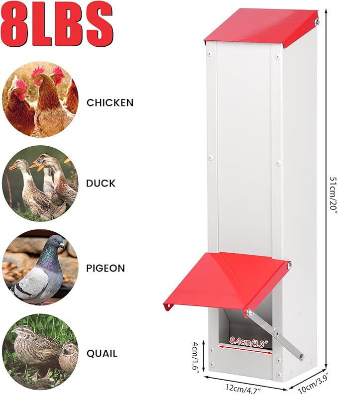 Automatic Bird Feeder Galvanized Metal Bird Feeders for Outdoors No Waste Wall Mounted Poultry Feed Dispenser Holds 8Lbs ForBird Quails Goose Chickens Ducks