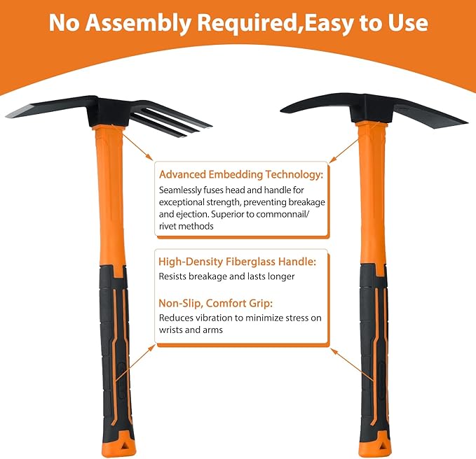 2pcs Pick Axes for Digging and No Installation Required Garden Hoe and Cultivator Hand Rake Garden Tool Durable and Comfortable Handle Mattock Weeding Hoe （Orange）