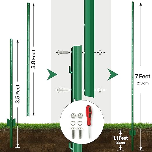 Fence Posts 7 Feet, Pack of 10, Metal Fence Poles U Post Sturdy Duty Fence Stakes Step in Post No Dig Fence Post for Garden Wire Fence Steel Sign Post (Requires Assembly)