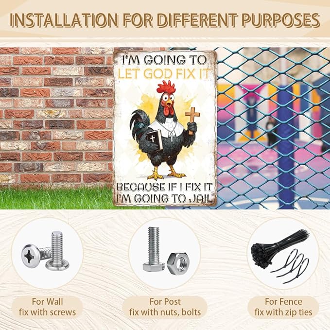 WADORN Funny Chicken Vintage Metal Tin Sign, 8x12 Inch I'm Going To Let God Fix It Retro Tin Sign Christian God Wall Art Decor Plaque Gift for Home Farm Chicken Coop Farmhouse Kitchen Garden Church
