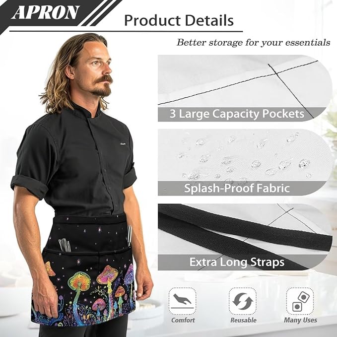 Waist Apron with 3 Pockets Waterproof 13 Inch Short Half Waist Aprons Women Men Server Aprons Waitress Waiter Apron