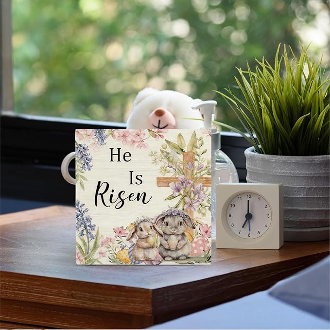 Easter Christian Bunny Wooden Box Sign Desk Decor, He Is Risen Easter Decor, Spring Floral Religious Cross Rabbit Wood Signs for Home Office Table Shelf Decorations, 5x5 Inch