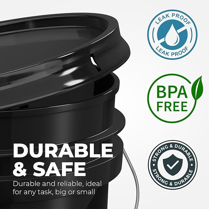EconoHome 5-Gallon Black Bucket Pail Container with Lid | Metal Handles with Plastic Grip for Easy Carrying | Easy Stack and Store | Heavy-Duty Extra Durable | Food Grade | BPA Free - 1 Pack