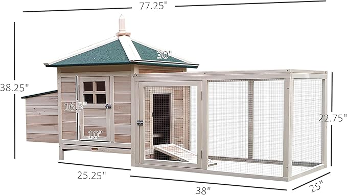 PawHut 77" Wooden Chicken Coop with Nesting Box, Cute Outdoor Hen House with Removable Tray, Ramp Run, for Garden Backyard, Natural
