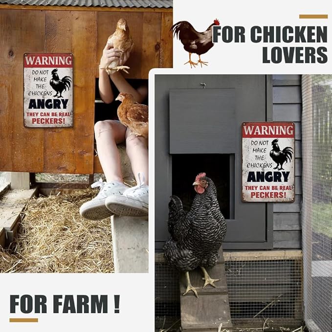 YOYI ART Funny Metal Warning Chicken Signs for Coop - Vintage Tin Sign for Chicken Coop, Outdoor, Kitchen, Farmhouse Wall Decor Art Accessories, Chicken Gifts for Women, 8 x 12 inch