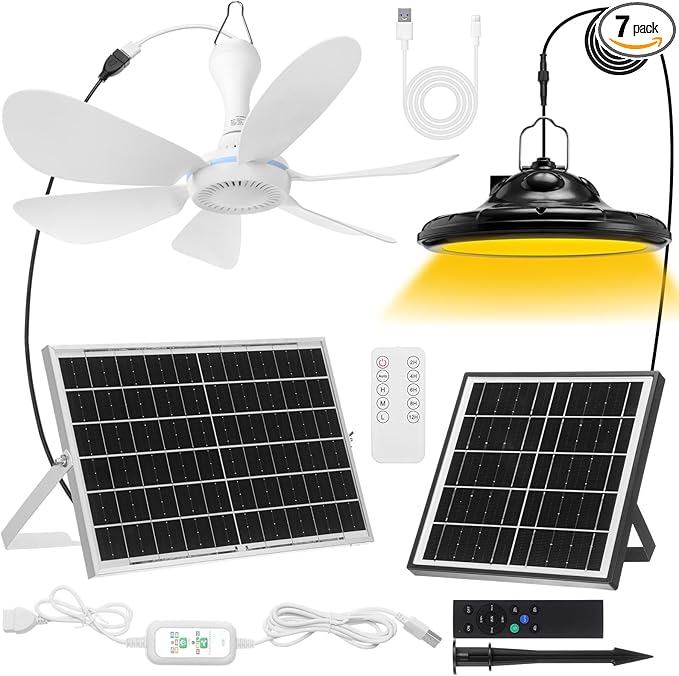 2 Set Solar Rechargeable Chicken Coop Shed Pendant Light, Solar Hanging Ceiling Fan with Remote Control Timing, Ventilation Lighting Kit for Chicken Coop Greenhouse Barn Camping Poultry