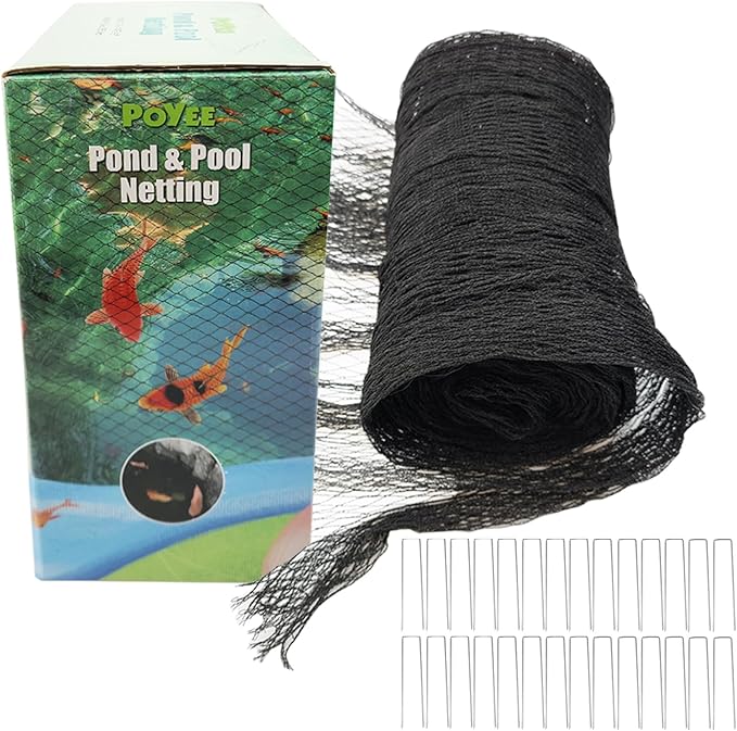 50x50ft Pond Netting for Leaves Leaf Net Cover Pond Net with Small Fine Mesh Protecting Koi Fish from Birds Cats Stakes Included