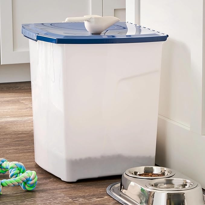 Pet Food Storage Container, Clear and White, 50 lb Capacity, BPA-Free Plastic, Airtight Seal, Flip-Top Lid, Rectangular, 15x12.5x24 Inches (25 lbs)