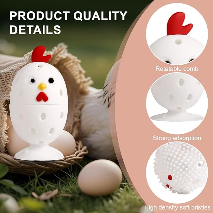 4PCS Egg Wash Brush Silicone Cleaning Brush for Fresh Eggs, Reusable Egg Cleaner Rotating Scrubber for Fruits, Vegetables, Chick Shaped Egg Washer Tool (White)