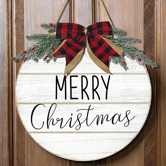 Bunny Chrous Christmas Door Sign: Rustic White Merry Christmas Wreaths for Front Door Wall Porch Home Office School, 12" Farmhouse Classic Elegant Door Decor, Vintage Door Decorations Indoor Outdoor