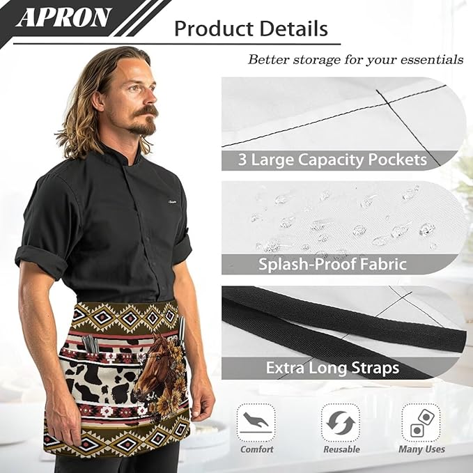 Waist Apron with 3 Pockets Waterproof 13 Inch Short Half Waist Aprons Women Men Server Aprons Waitress Waiter Apron