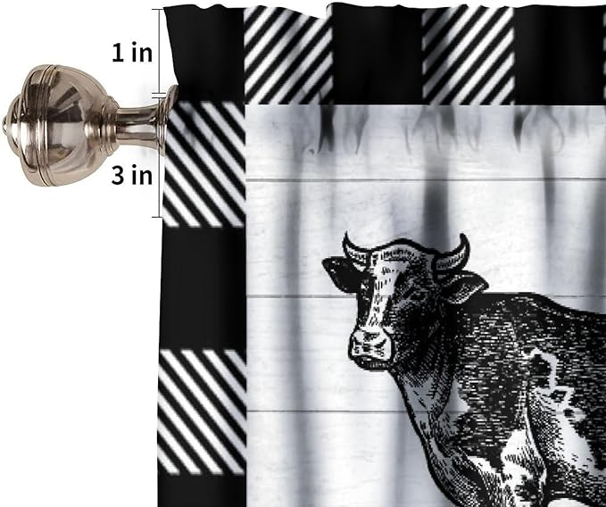 Farm Animals Valance Curtains Farmhouse Cow Pig Rustic Retro Wooden Board Black White Buffalo Check Art Print Rod Pocket Curtain Valance for Kitchen Bedroom Living Room Decor 1 Panel W54xL18 Inch