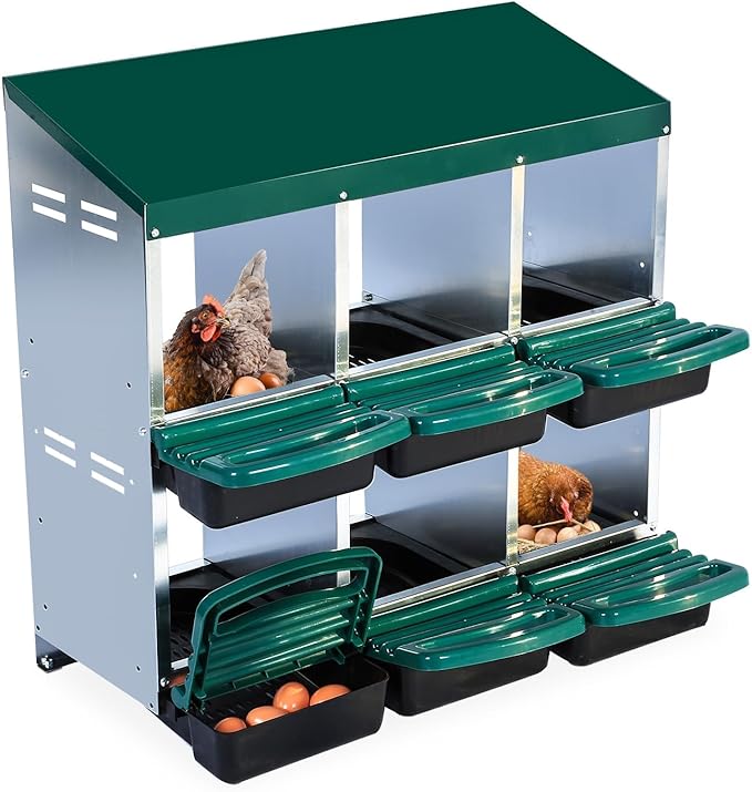 6-Compartment Roll-Away Metal Chicken Nesting Box – Durable Hen Laying Box with Protective Lid, Easy Egg Collection, Stand Without Bracket Legs for Coops, Green