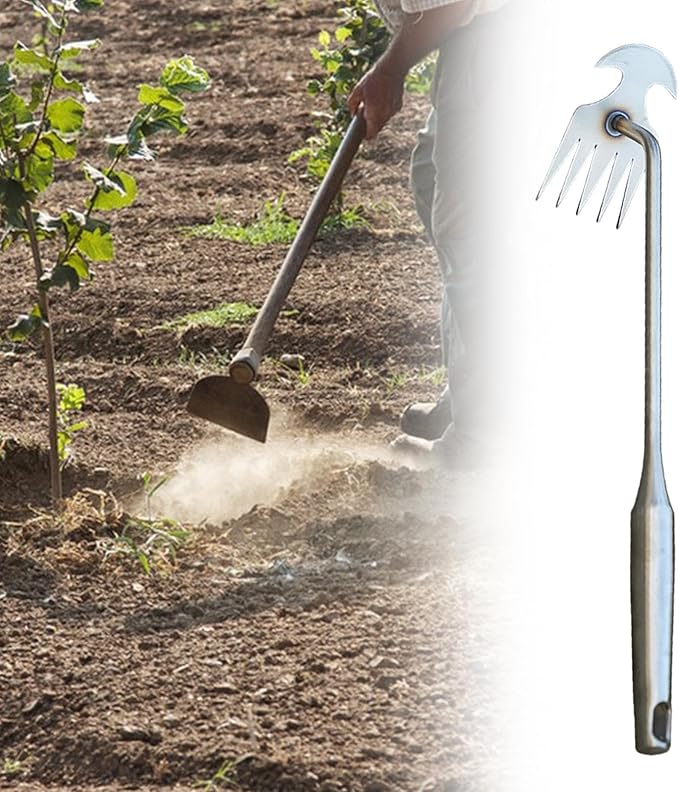 Weeds Puller Weeding Rake, with Handle, Uprooting Garden Weeding Tool Stainless Steel for Lawn Farm Outdoor Backyard, 5 Teeth, 37.5cmx9.5cmx5.3cm
