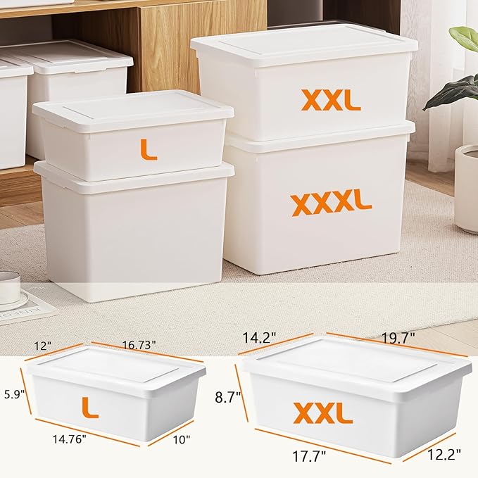 （4XXL+2L） 6gal+3gal Large capacity White multifunction storage bin with lid, Set of 6 Stackable Plastic Boxes with Handles, Office，Garage ，Home, for Organizing Snacks, Crafts, Legos, Tools,books