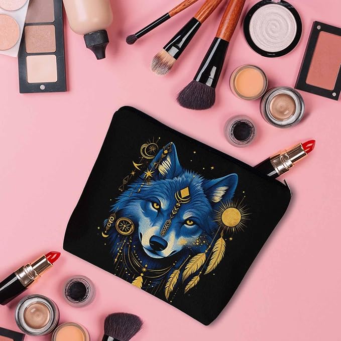 Wolf Makeup Bags Makeup Organizer, Native American Style Wolf Feather Flax Toiletry Bags Travel Cosmetic Bag Makeup Purse Pouch Skincare Bag Wallet Bags For Women Female Mom Daughter, Blue