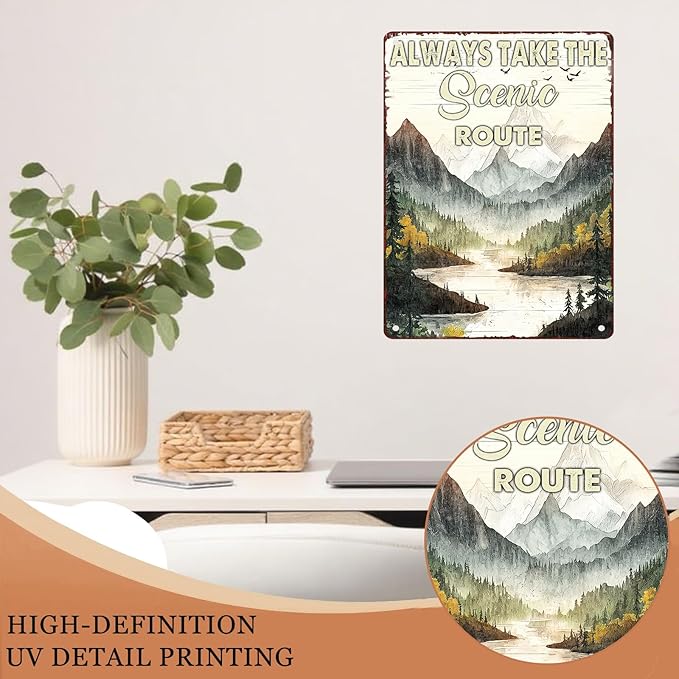 Camping Metal Tin Sign Always Take the Scenic Route Vintage Sign for Home Camper Cafes Bars Pubs Shop Wall Decorative for Men Women 12X16Inch