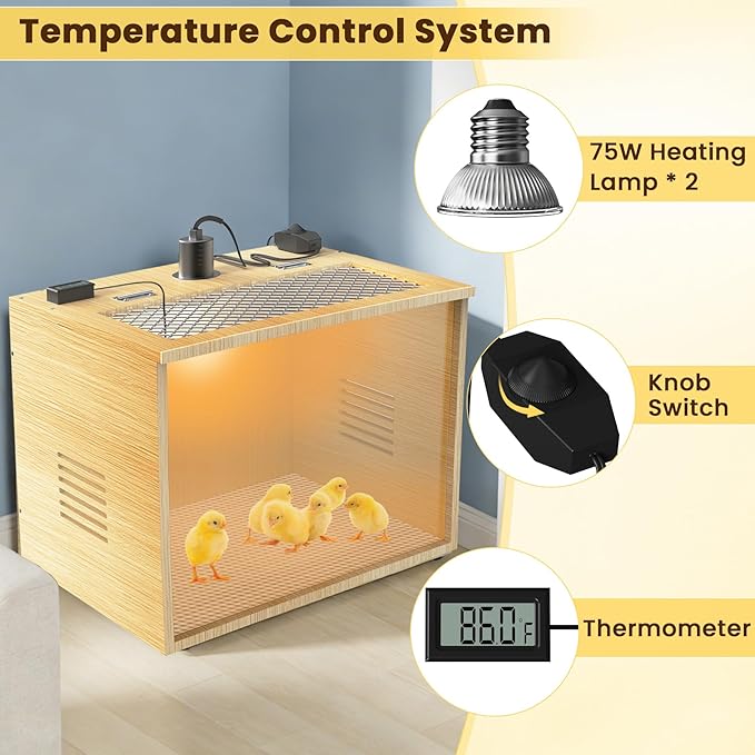 Chicken Brooder Box for Chicks Starter Kit, 16 Inch Wooden Chicken Brooder Box with 75W Heating Lamps, Thermometer and Tin Foil, Poultry Breeding Kit, for 5-7 Chicks Ducks Quail Hamsters