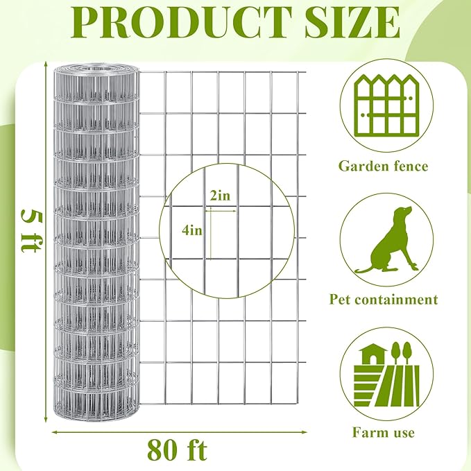 Gisafai 60in x 80ft Welded Wire Fence, 2 Inch x 4 Inch 16 GA, Galvanized Metal Garden Fence Roll Wire Mesh Netting for Goat Deer Cattle Animal Enclosures and Yard Vegetable Plant Protection,Silver