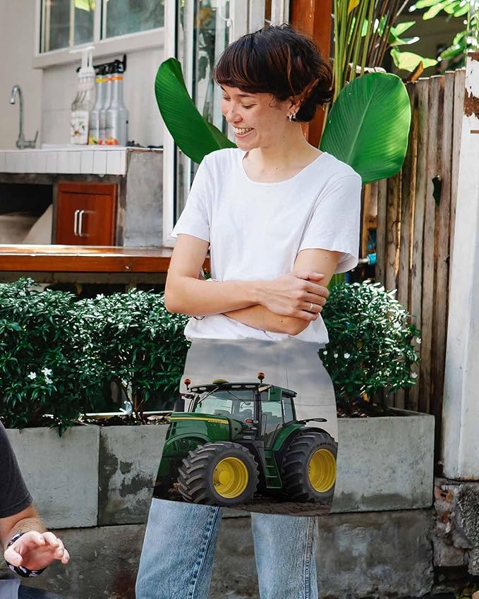 Farm Tractor Aprons for Women Men with 3 Pockets, Green Truck Country Rustic Field Harvester Waterproof Server Aprons Half Waitress Apron for Holiday