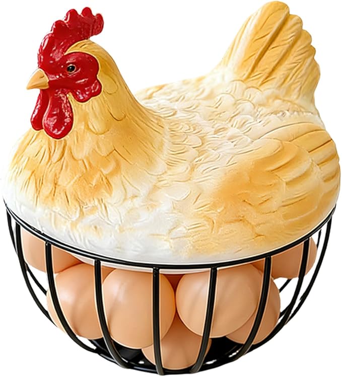Chicken Egg Basket, Egg Storage Basket with Chicken Cover Chickens Eggs Holder Countertop for Gathering Eggs Black Wire Collection Baskes Decorative Storage Container for Kitchen Counter