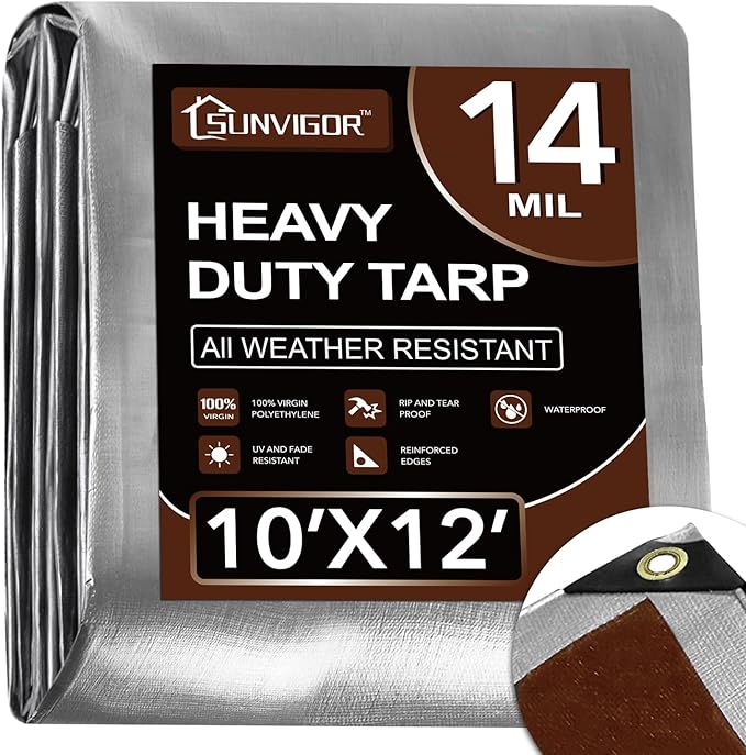 Sunvigor Tarp Waterproof 10x12Ft, Heavy Duty Tarp Cover Extra Thick 14 Mil Tear and UV Resistant, Outdoor Tarps with Grommets and Reinforced Edges for Roof, Camping, Patio, Pool, Boat (Silver/Brown)