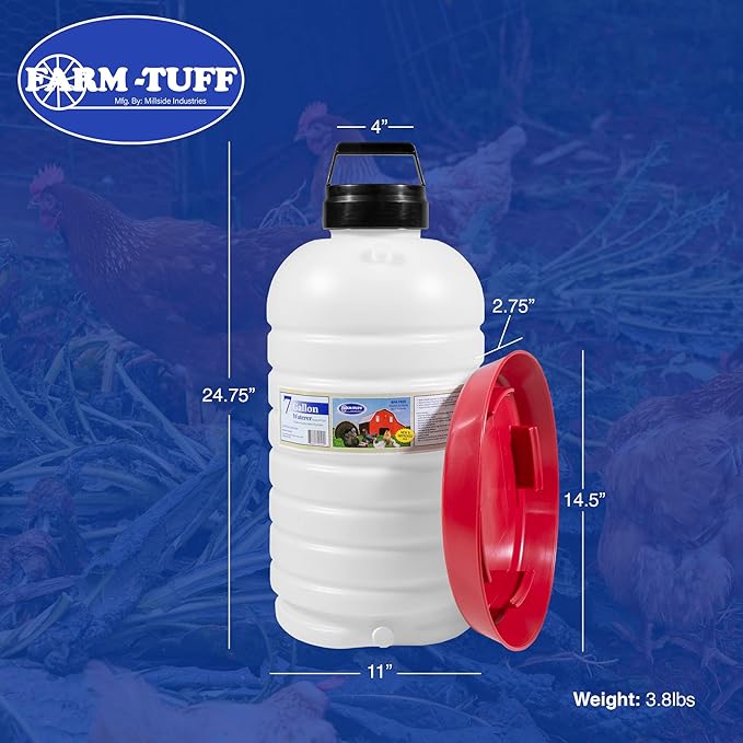 FARM-TUFF Hanging Chicken Waterer, 7 Gallon Capacity - Durable BPA-Free Plastic Poultry Fountain with Top Fill Design - Automatic Water Dispenser for Chickens, Ducks, Turkeys & Game Birds
