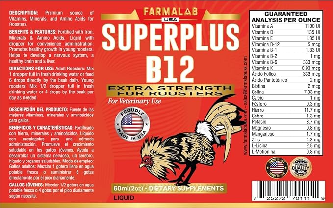 Farmalab Veterinary Super Plus Superplus B-12 Extra Strength for Roosters Superplus para Gallos Birds Poultry Gamefowl