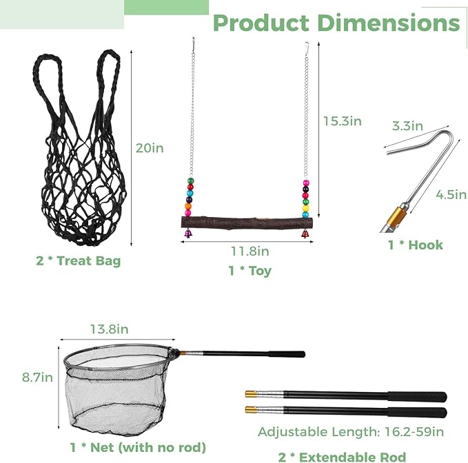 OMISTAR Chicken Net Catcher Set 5 PCS - Poultry Catching Net Set, Retractable Chicken Net, Chicken Catcher Farm Tools, Includes 2 Extendable Rods, Net, Hook, 2 Treat Bags, Natural Wood Swing Toy