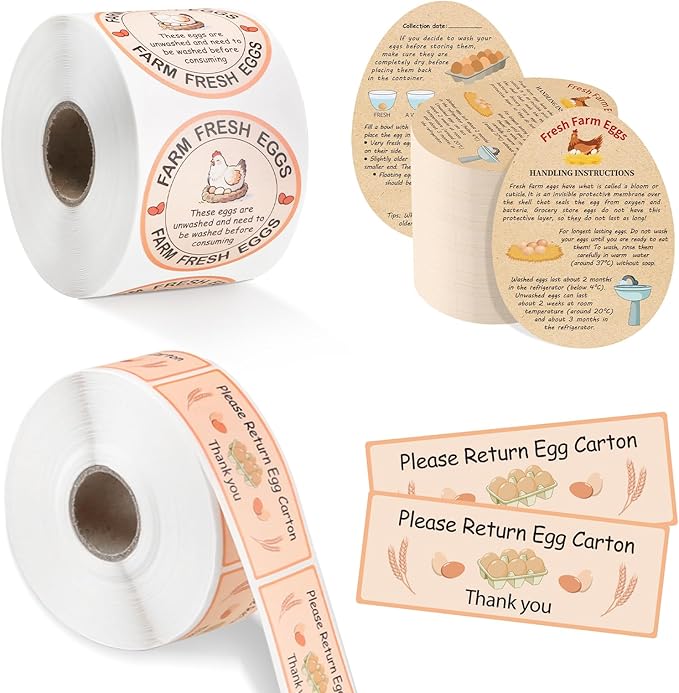 Fresh Farm Egg Packaging Set – Includes 500 Farm Fresh Eggs Carton Labels, 500 Please Return Carton Labels Stickers, 200 Double-Sided Egg Handling Instruction Cards