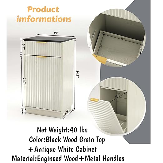 19 Inch Single 10 Gallon Wood Grain Tilt-Down Trash Can Cabinet with Storage Drawer,Wood Grooved Recycling Cabinet with Wave Texture Hidden Pull-Out Trash Can for Kitchen,Bathroom (White-03)