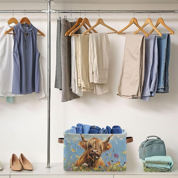 JIPONI Wild Highland Cow Fabric Storage Bins for Shelves, Decorative Storage baskets for organizing, Closet Organizer with Handle for Cloth, Toys, Bedrooms, Farmhouse