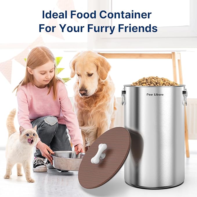 2PK 35 Lbs total 70Lbs Stainless Steel Dog Food Storage Container with Airtight Wooden Lid & Ceramic Bone Handle, Large Metal Dog Food Bin for Dogs & Cats, Keep Fresh, Easy to Clean