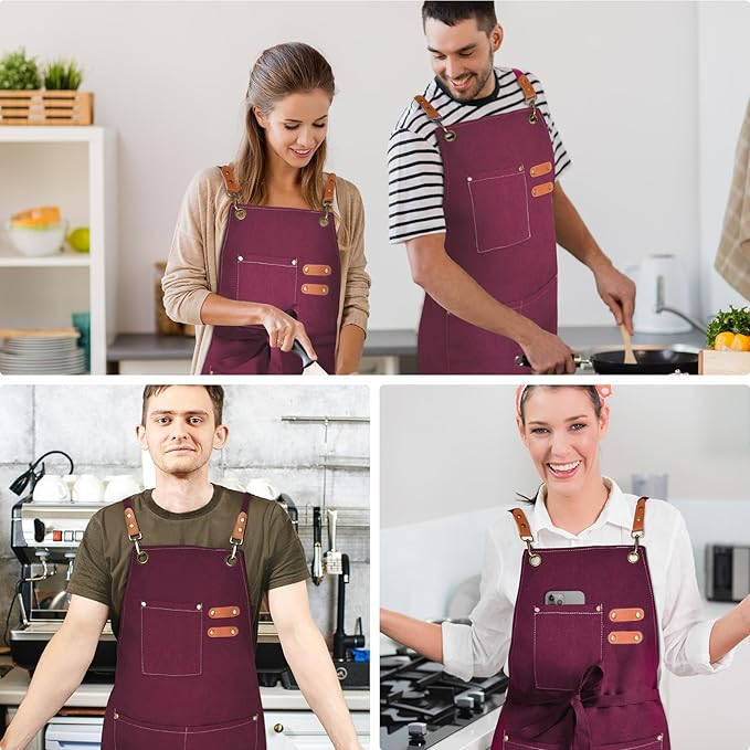 Chef Apron for Men Women Canvas Aprons with 3 Pockets Cross Back Resistant Work Apron for Cooking