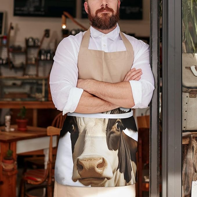 Apron for Men Women Adjustable Farm Animal Cow Printed Waterproof Apron Bib Apron with 3 Pockets Cooking Kitchen Aprons