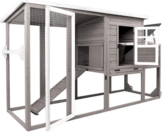 Chicken Coop Solid Wood with Large Run Cage 2 Stories - Asphalt Roof, Nest Box, Pu Wheels, Pole Chicken Perch