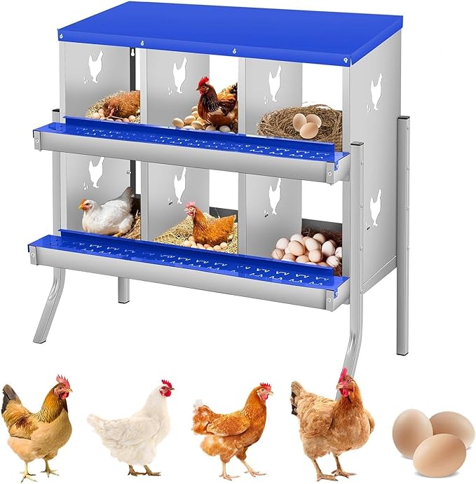 6-Hole Chicken Nesting Box, Rustproof Galvanized Steel, Wall-Mounted Metal Laying Box for Hens, Easy Egg Collection & Cleaning, Roll Away Nest Boxes - Blue