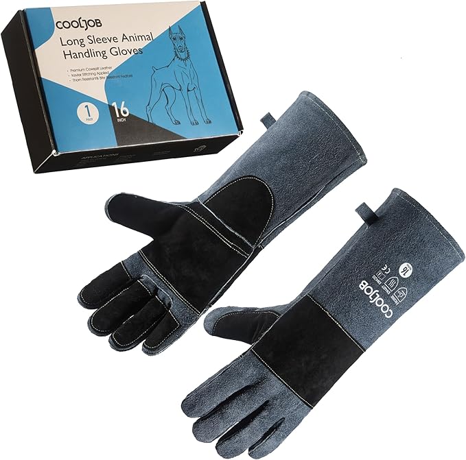 COOLJOB Kevlar Bite Proof Animal Handling Gloves for Cat Grooming, Dog Training, Leather Protective Gloves for Men, 16/22"
