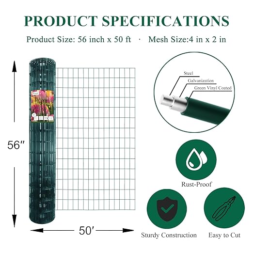 Green PVC Coated Welded Wire Fence 56 Inch x 50 Foot, 2 Inch x 4 Inch 14GA, Garden Border Fencing Roll Vinyl Coating Metal Wire Mesh Hardware Cloth for Yard Vegetable Plant Protection