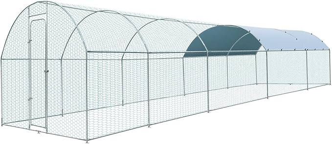 Extra Large Metal Chicken Coop for 50-55 Chickens, Walk-in Chicken Run, Chicken Pen Outdoor W/Cover, Waterproof & Anti-UV, 32.8' D x 9.8' W x 6.4' H, Wire Mesh Poultry Cage for Yard #LYJL10YD-US