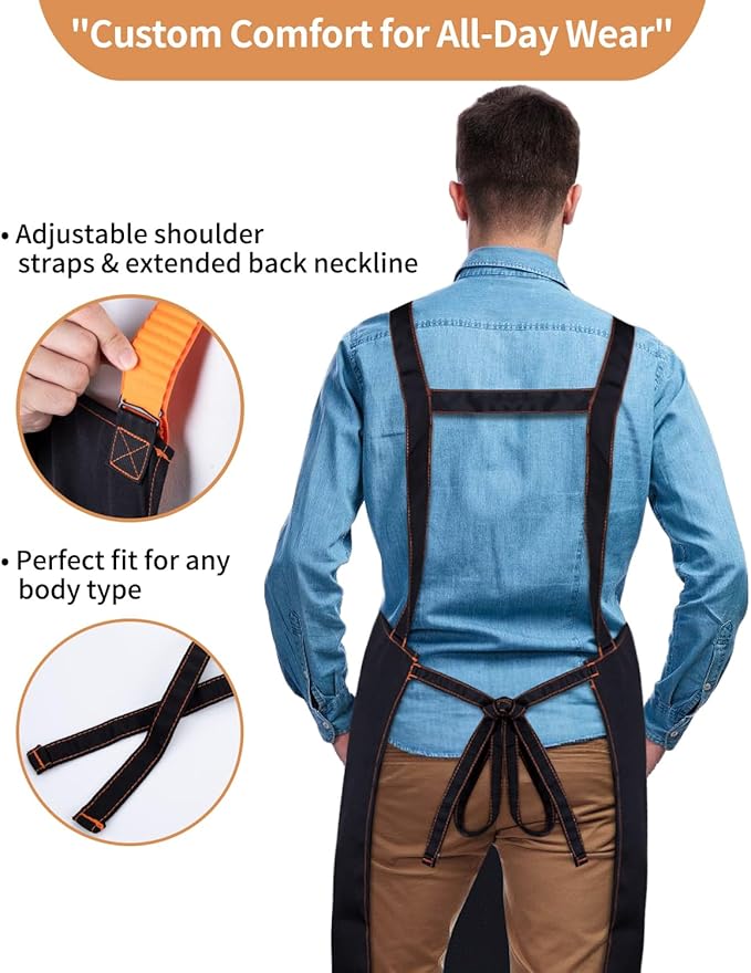 Adjustable Work Apron with Secure Multi Phone Pocket - Design for Cooking, BBQ, Gardening, Carpentry, Bartending, Serving