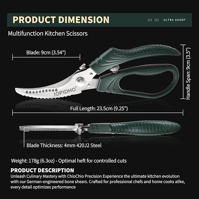 Heavy Duty Poultry Shears, Kitchen Shears with Non-Slip Handle & Safety Lock, All Purpose Kitchen Scissors for Chicken, Meat Cutting, Turkey, Fish, Vegetables, Spring Loaded, Dishwasher Safe