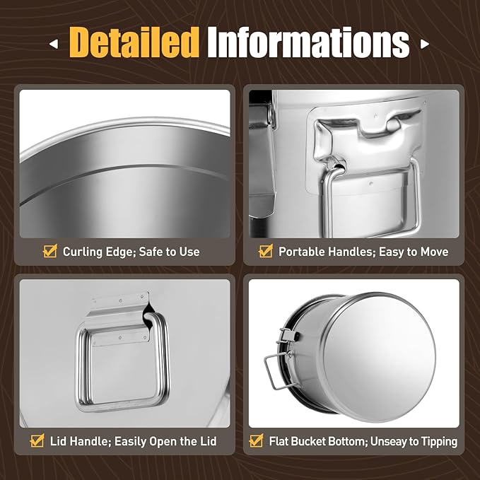 33L (8.72 gal) Stainless Steel Food Storage Container with Lid, Airtight Locking Bucket for Rice, Flour, Pet Food - Food Grade 304, Commercial & Home Kitchen, 405 oz Capacity (8.72 gal)