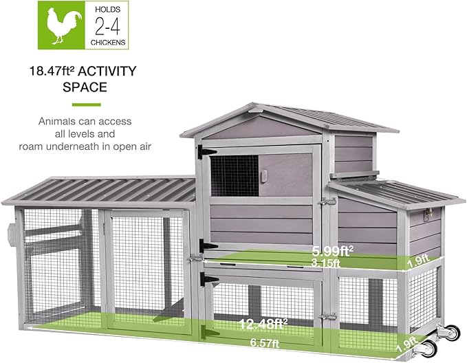GUTINNEEN Chicken Coop 80in Mobile Chicken House with Run Portable Wooden Poultry Cage with Nesting Box Rabbit Hutch on Wheels,Movable